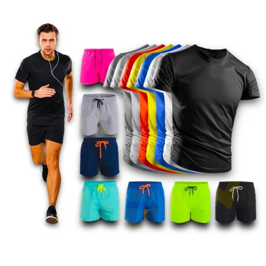Kit Shorts Bermuda + Camiseta Fitness Corrida MASCULINA ALGODÃO 303 – Preto+Cinza Black